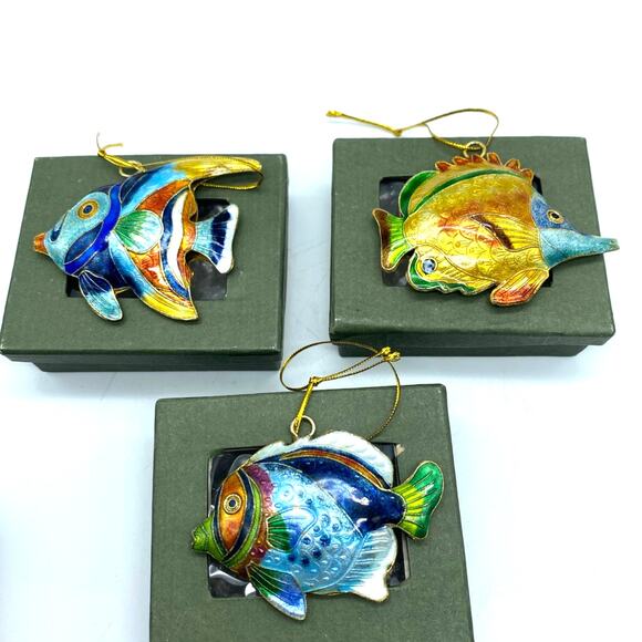 Vintage Cloisonne Enameled Tropical Fish Christmas Ornament Sealife  set of 3 - Picture 1 of 9